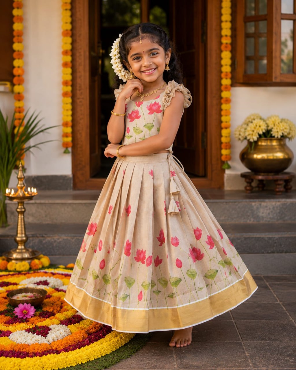 Beige Lotus Print Tissue Silk Kids Lehenga Choli