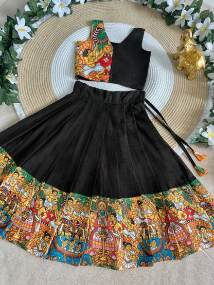 Black Kathakali Print Kids Lehenga Choli
