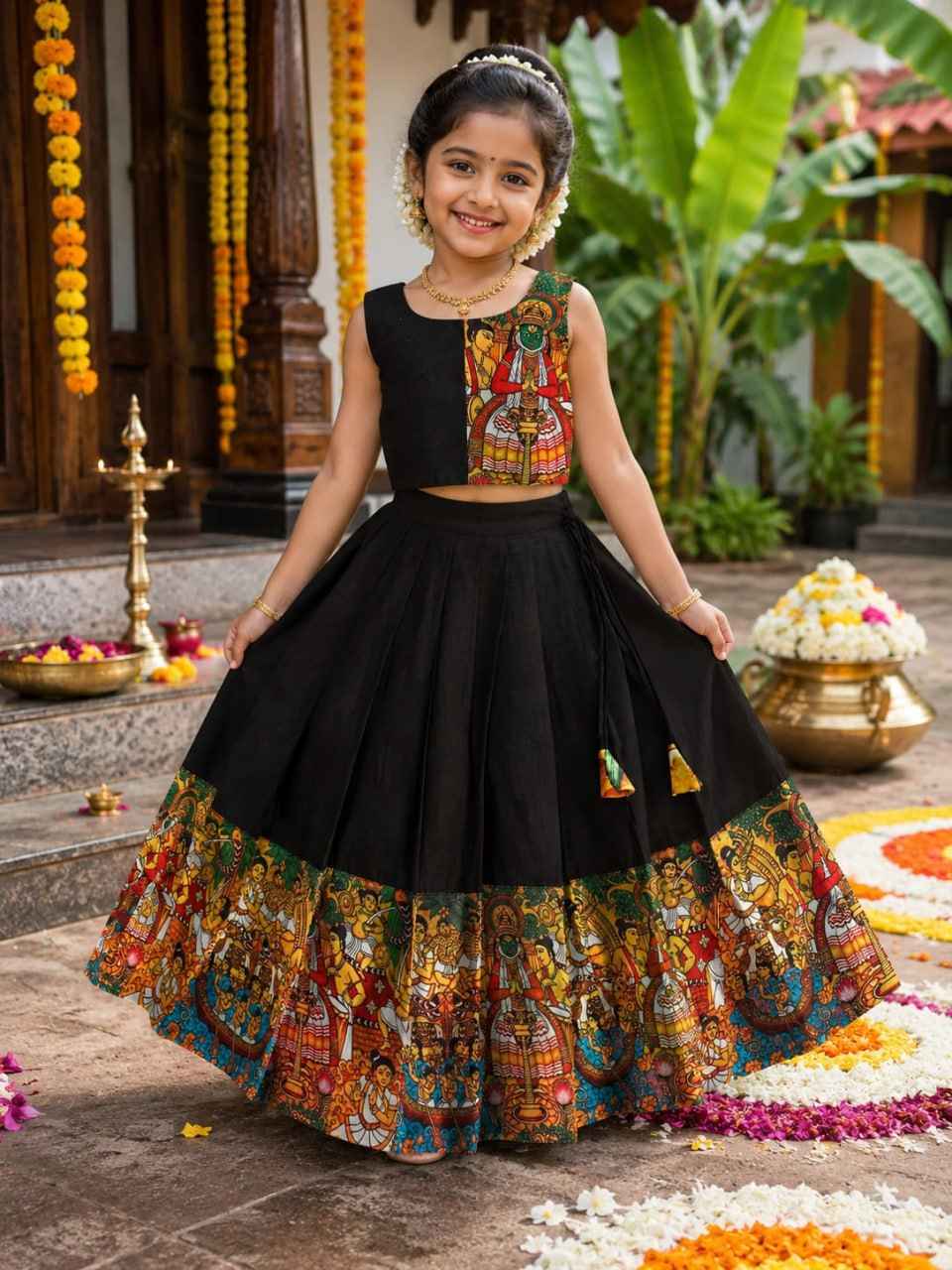 Black Kathakali Print Kids Lehenga Choli