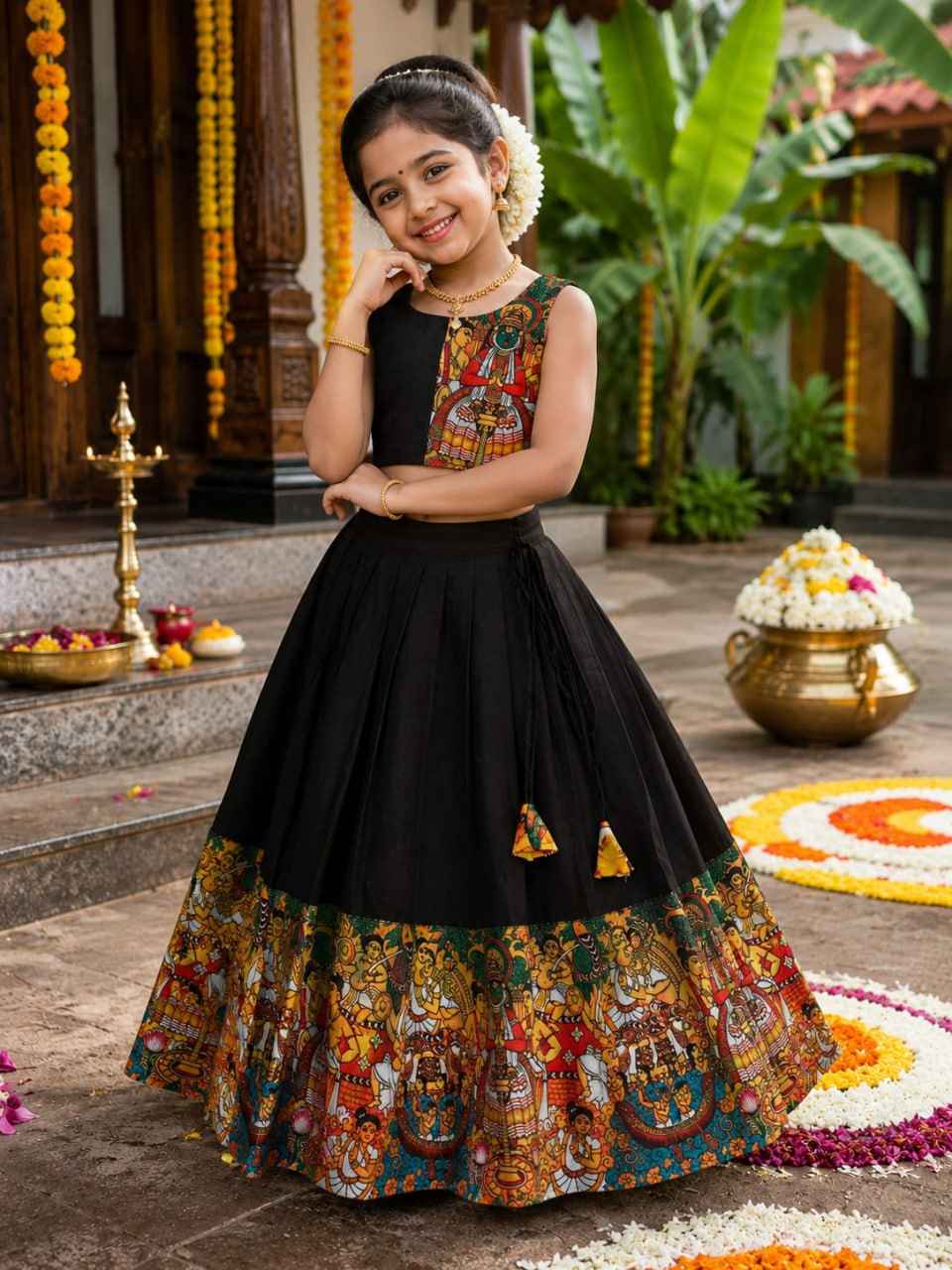 Black Kathakali Print Kids Lehenga Choli