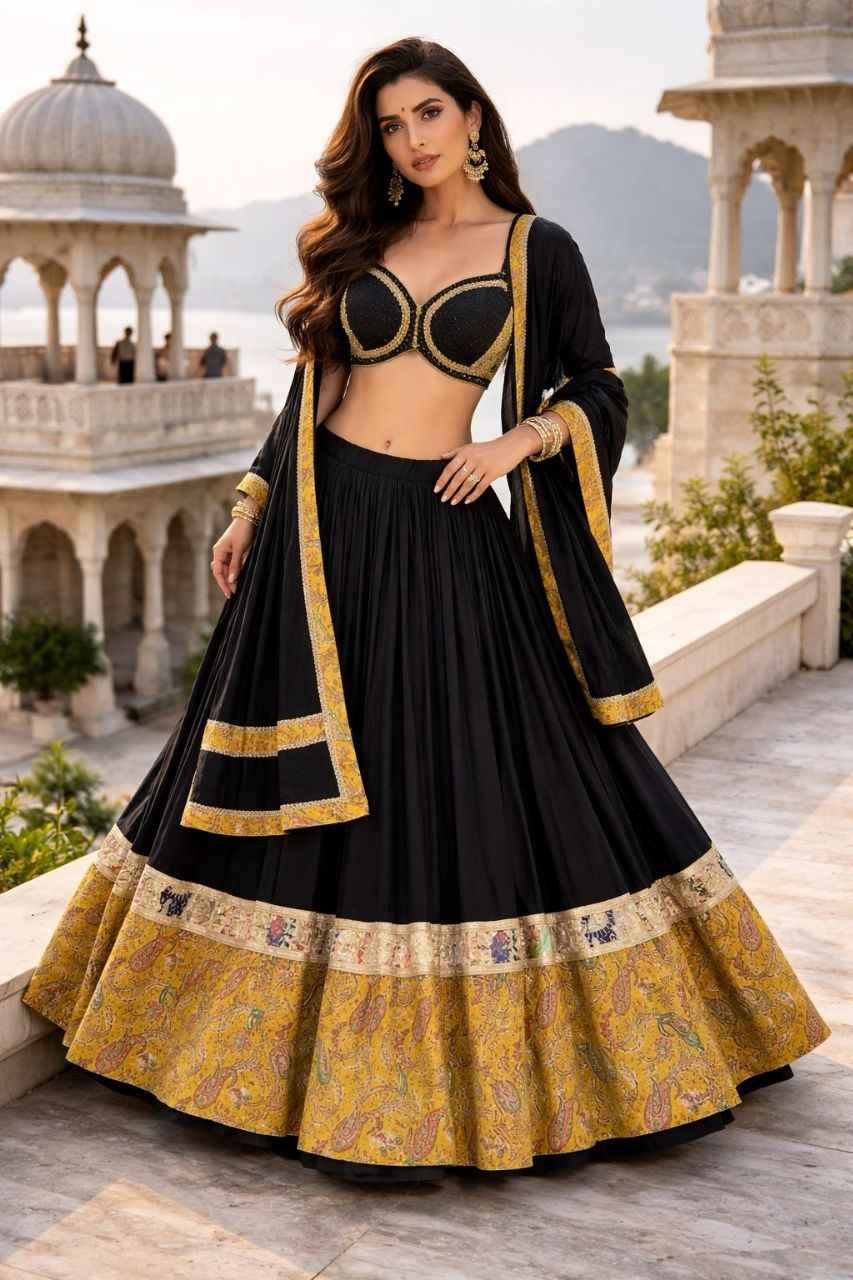 Black &amp; Gold Garba Chaniya Choli with Heavy Vintage Lace Work