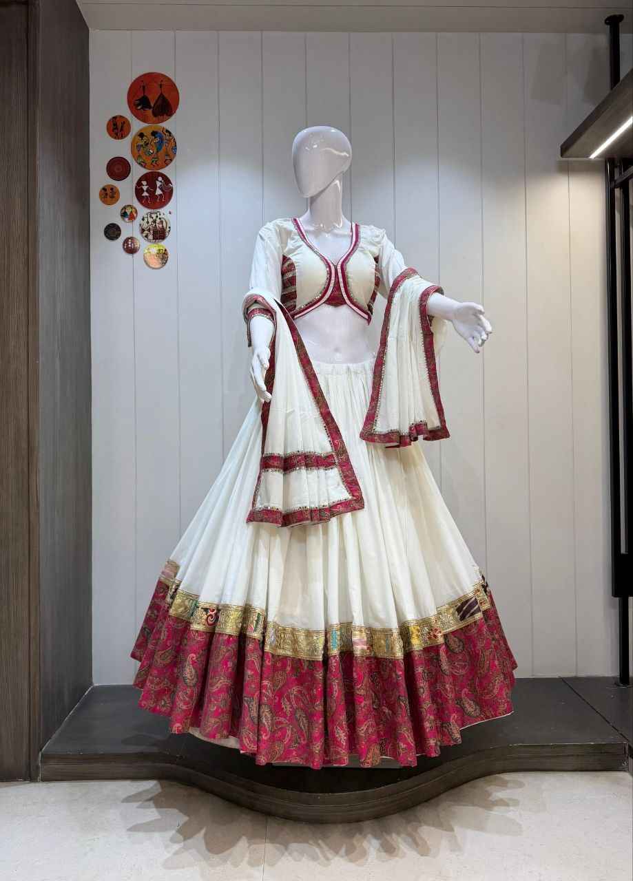White &amp; Pink Designer Navratri Chaniya Choli with Gold Print Border