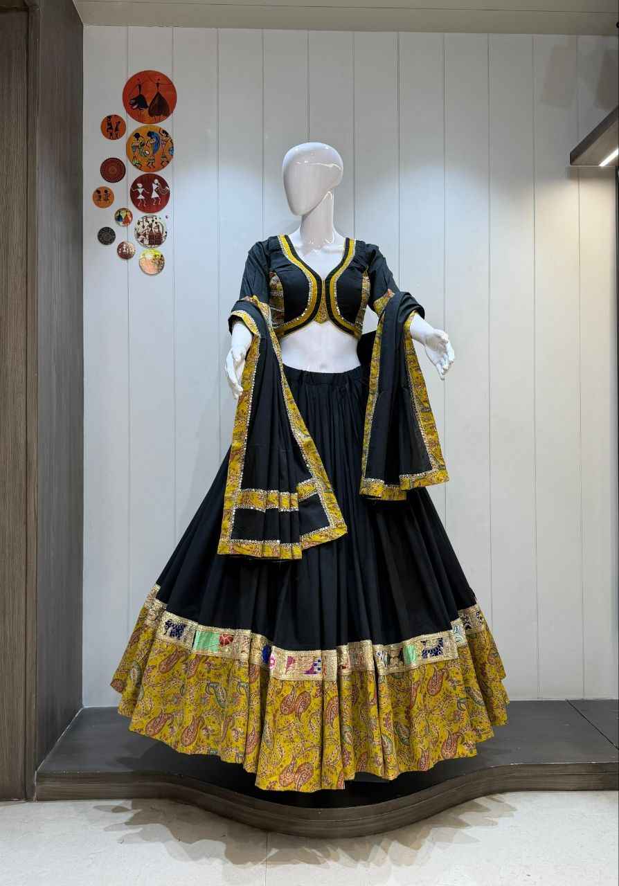 Black &amp; Gold Garba Chaniya Choli with Heavy Vintage Lace Work