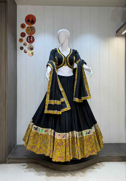Black &amp; Gold Garba Chaniya Choli with Heavy Vintage Lace Work
