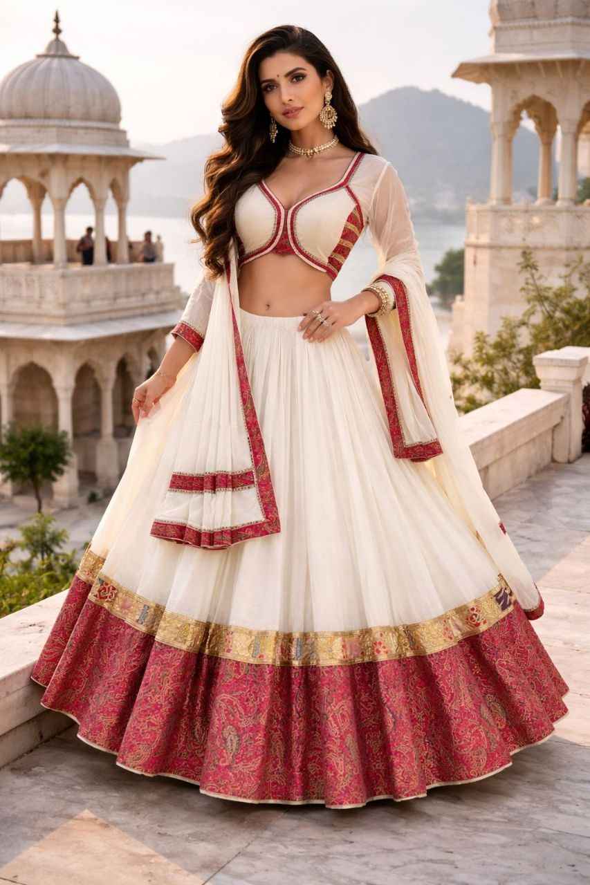 White &amp; Pink Designer Navratri Chaniya Choli with Gold Print Border