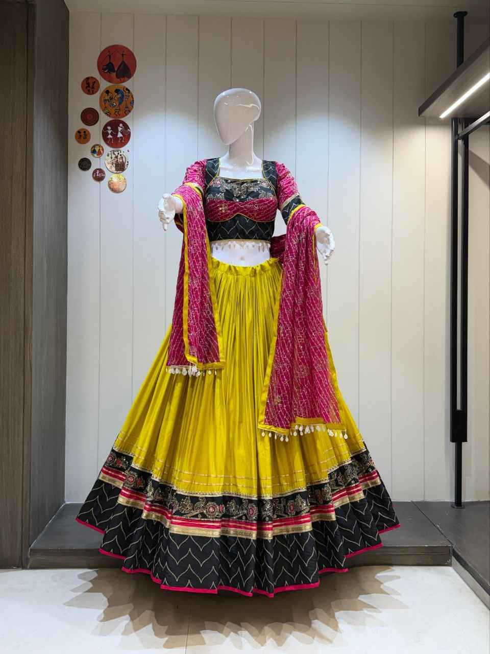 Yellow &amp; Black Navratri Chaniya Choli with Heavy Vintage Work