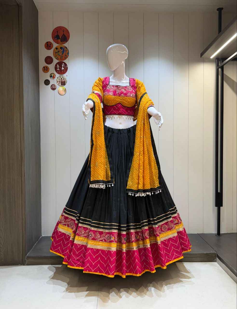 Black &amp; Yellow Garba Chaniya Choli with Heavy Vintage Border Work
