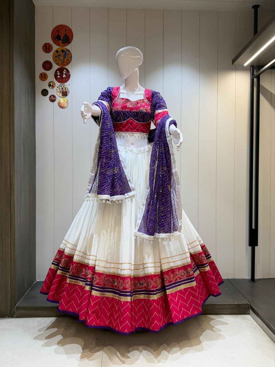 White &amp; Pink Traditional Navratri Chaniya Choli with Heavy Vintage Work