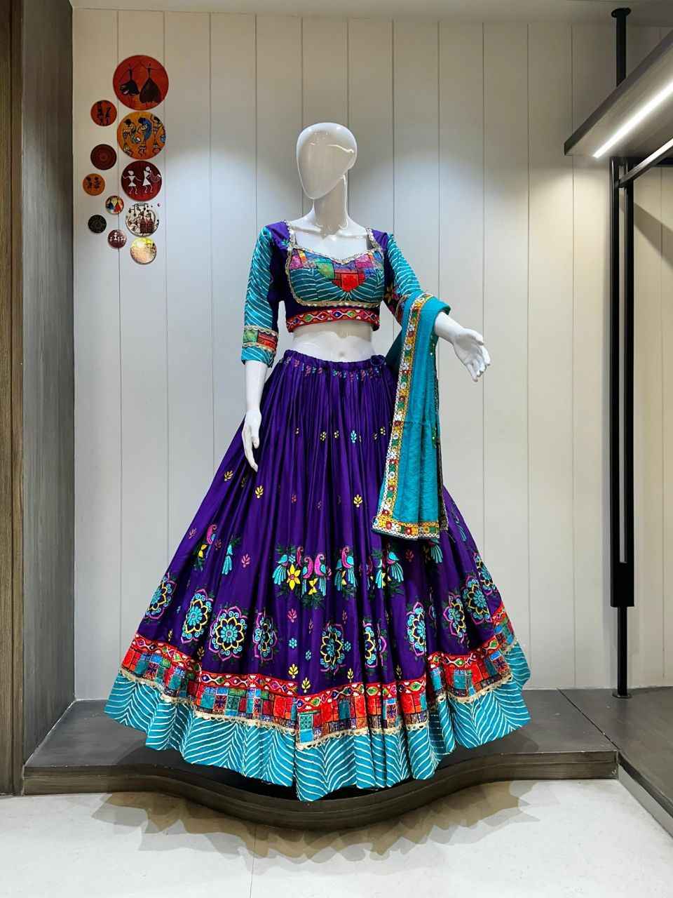Purple &amp; Sky Blue Navratri Chaniya Choli with Gamthi Work Border