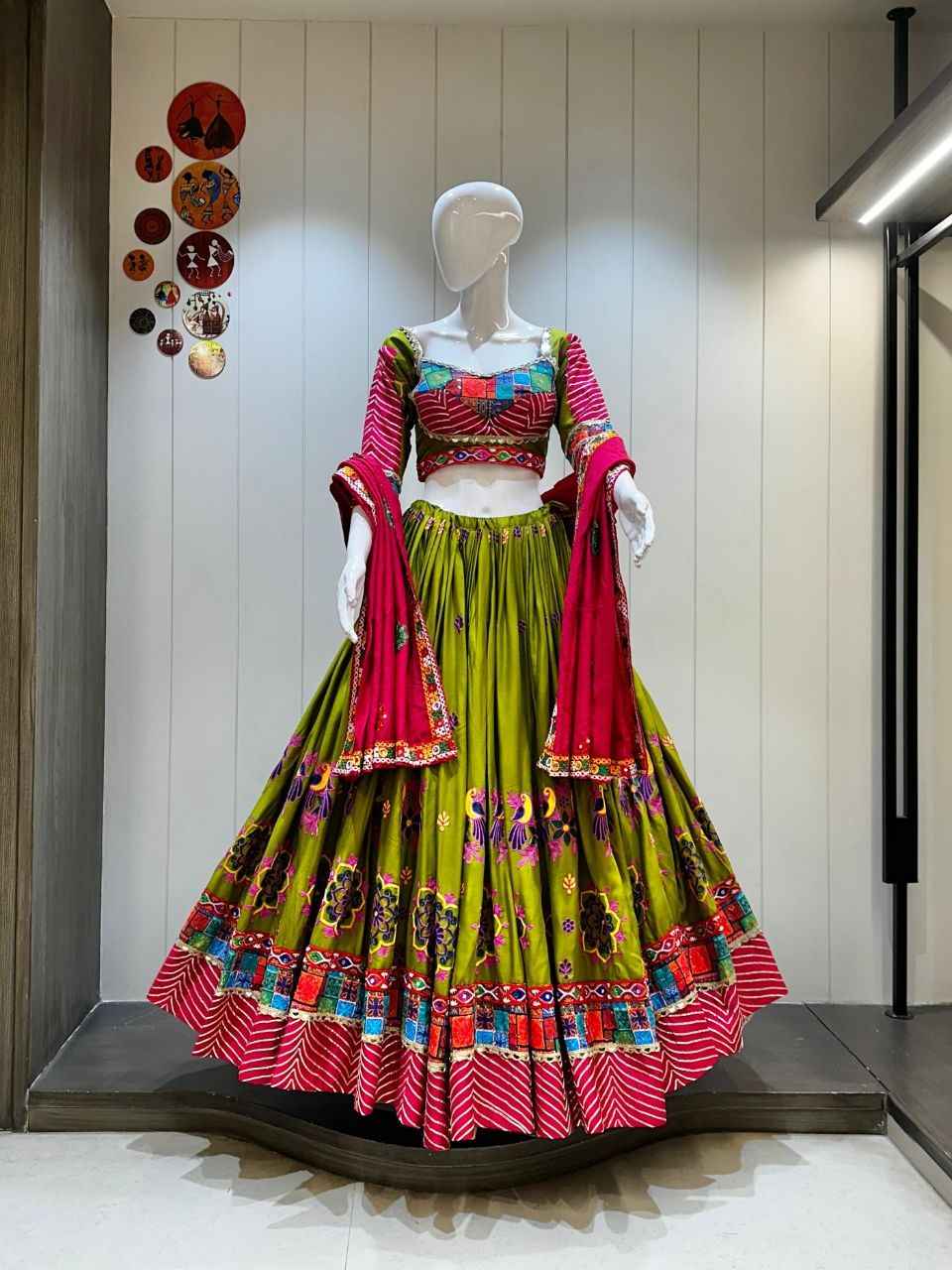 Olive Green &amp; Pink Floral Navratri Chaniya Choli with Mirror Work