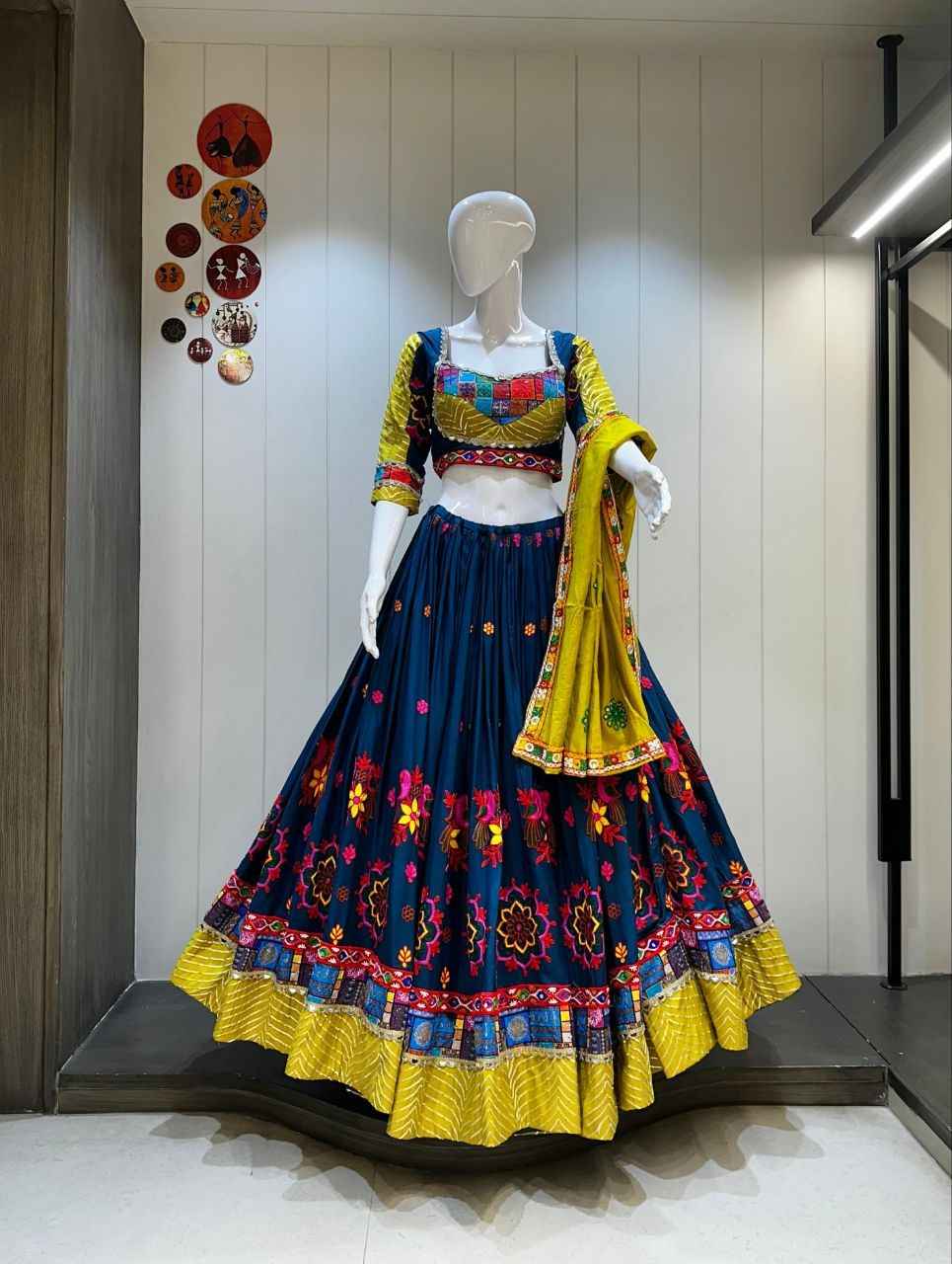 Navy Blue &amp; Yellow Designer Garba Chaniya Choli with Gamthi Border