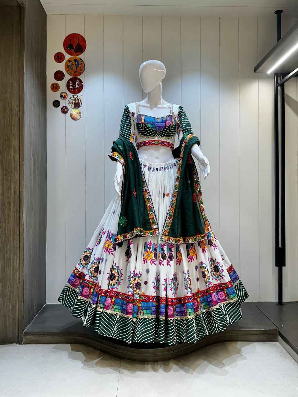 White &amp; Green Traditional Navratri Chaniya Choli with Mirror Work Blouse