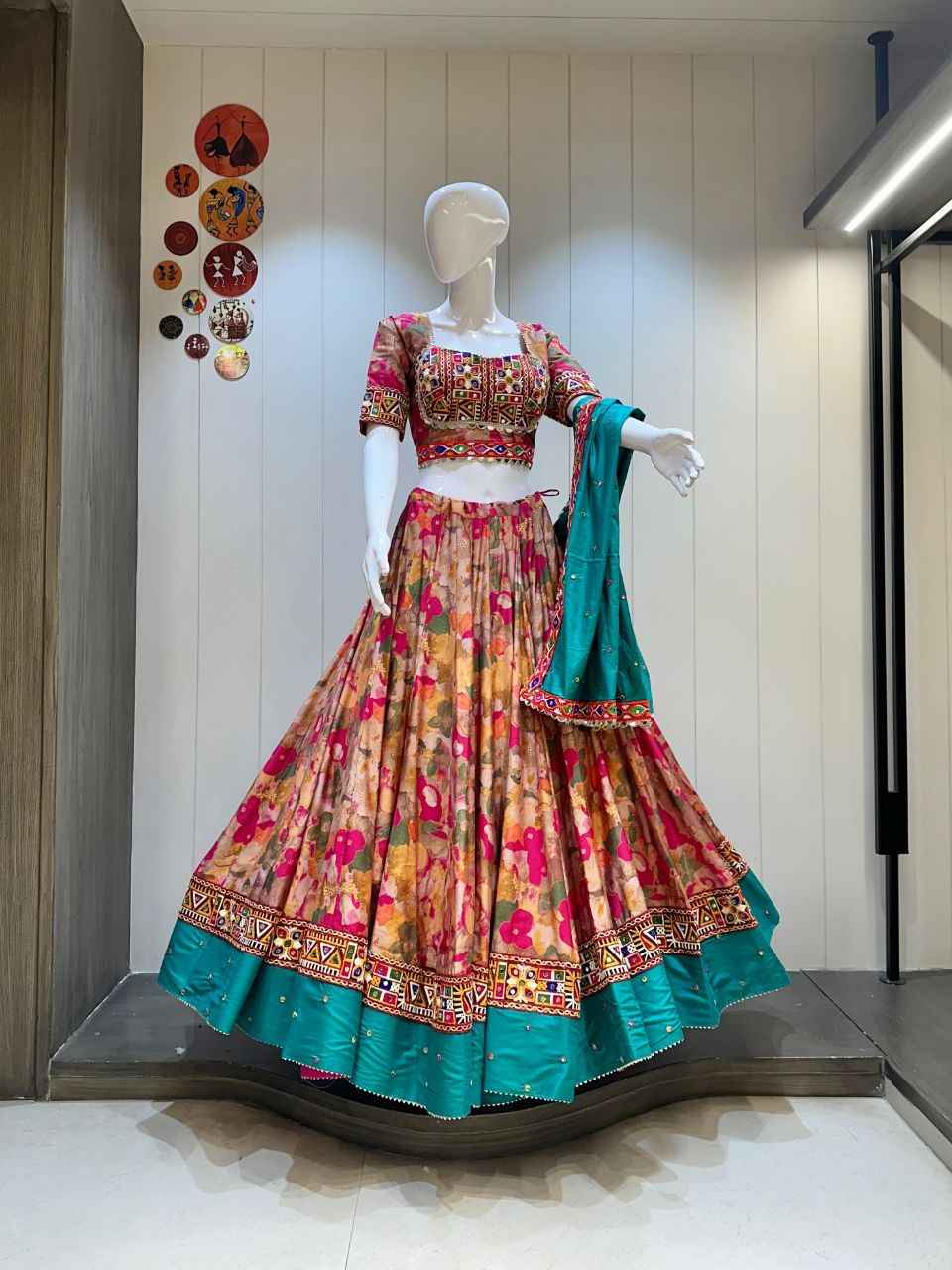 Pink &amp; Teal Garba Chaniya Choli with Fancy Gamthi Work Blouse