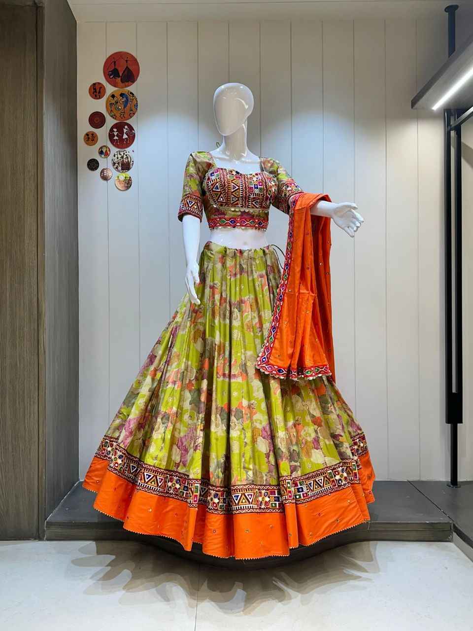 Lime Green &amp; Orange Floral Chaniya Choli with Heavy Gamthi Work