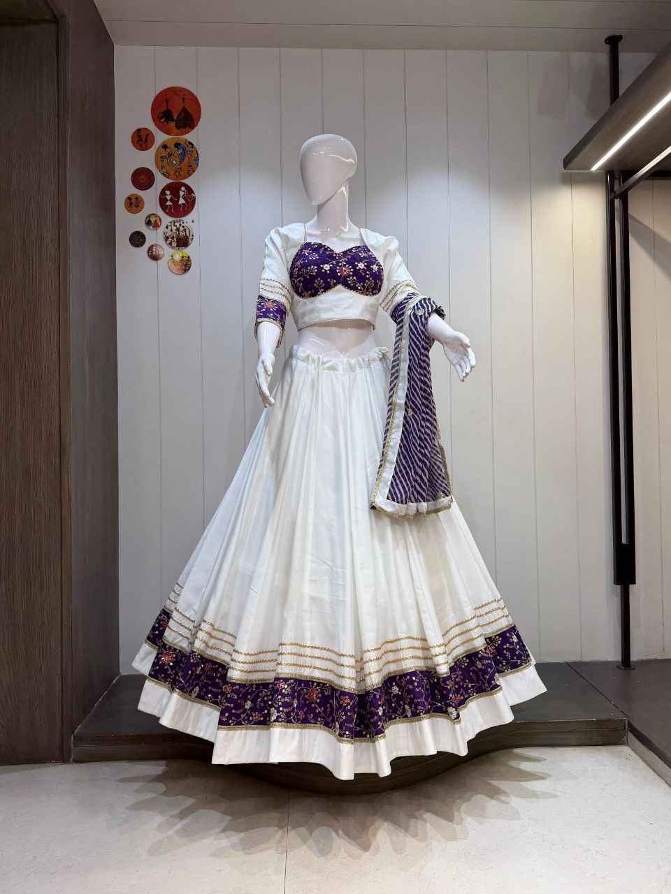 White &amp; Purple Traditional Navratri Chaniya Choli with Embroidered Work