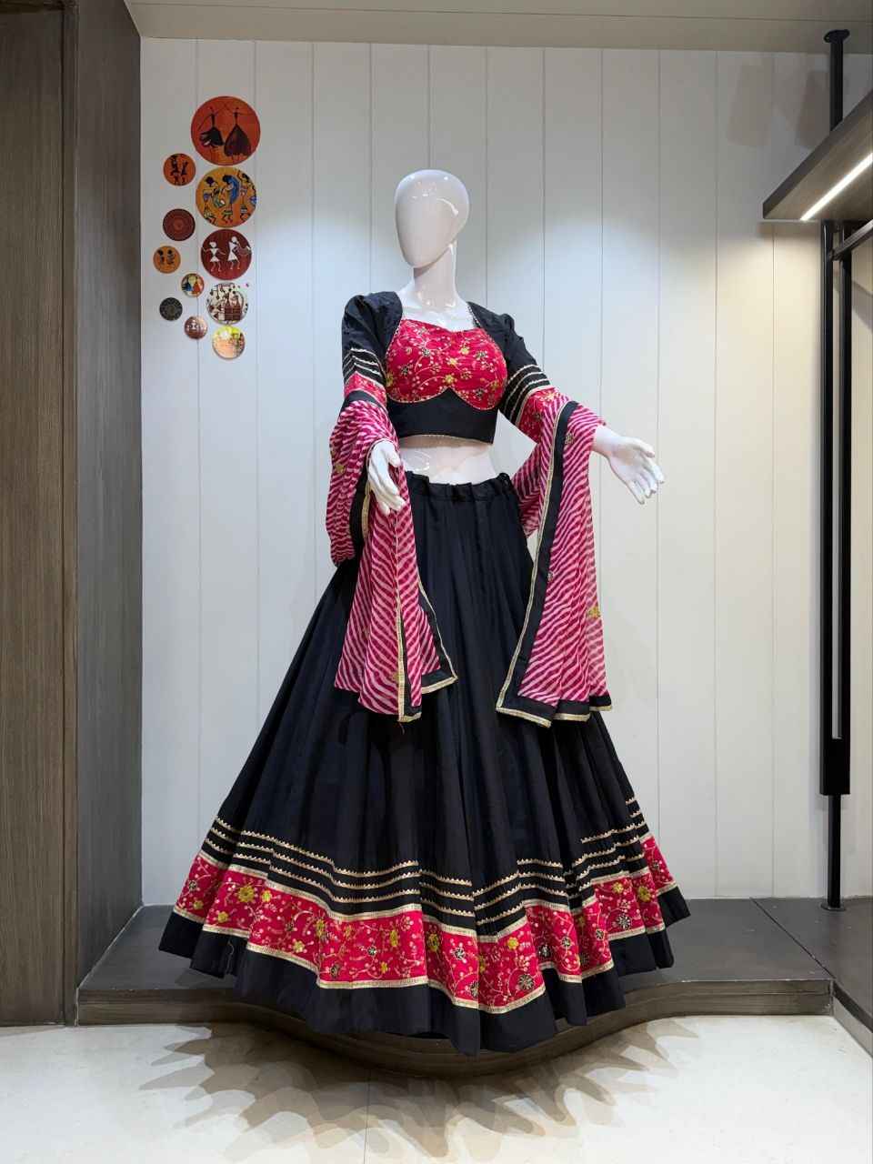 Black &amp; Pink Designer Garba Chaniya Choli with 8 Meter Flare