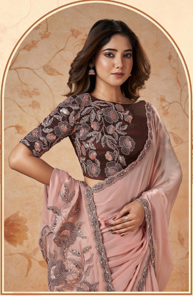 Women's Designer Party Wear Malai Crepe Satin Silk Saree