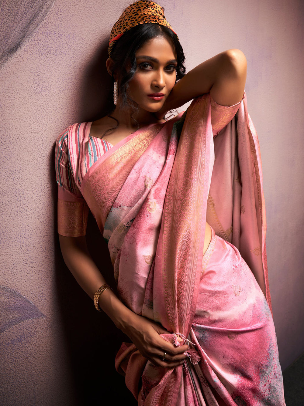 Taffy Pink Pure Banarasi Handloom Digital Printed Silk Saree 