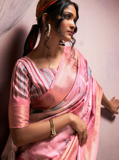 Taffy Pink Pure Banarasi Handloom Digital Printed Silk Saree 