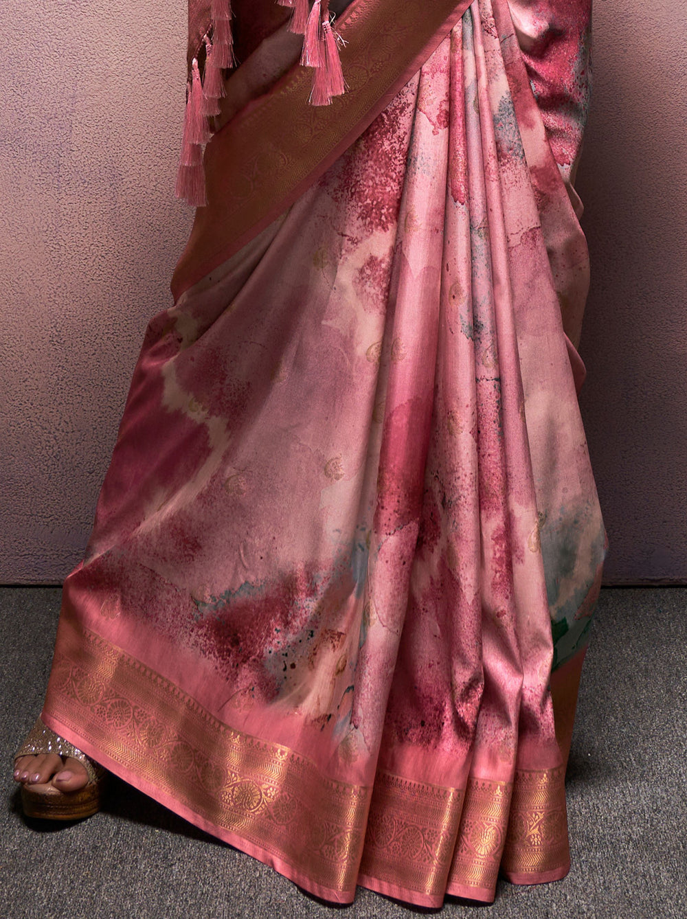 Taffy Pink Pure Banarasi Handloom Digital Printed Silk Saree 
