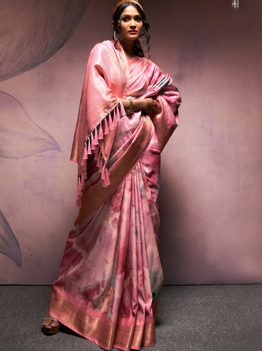 Taffy Pink Pure Banarasi Handloom Digital Printed Silk Saree 