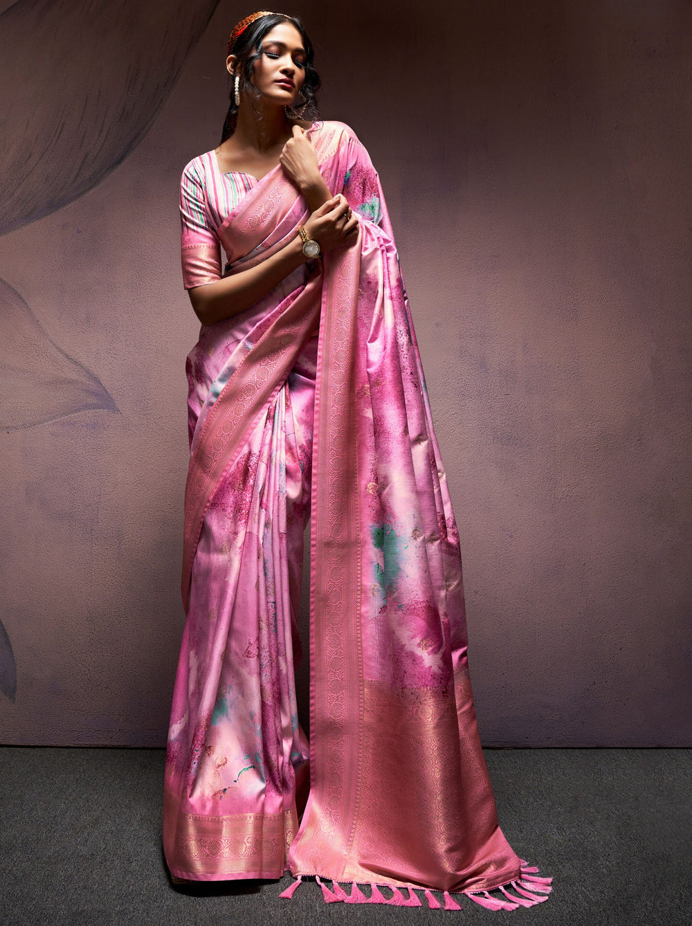 Creamy Pink Pure Banarasi Handloom Digital Printed Silk Saree 