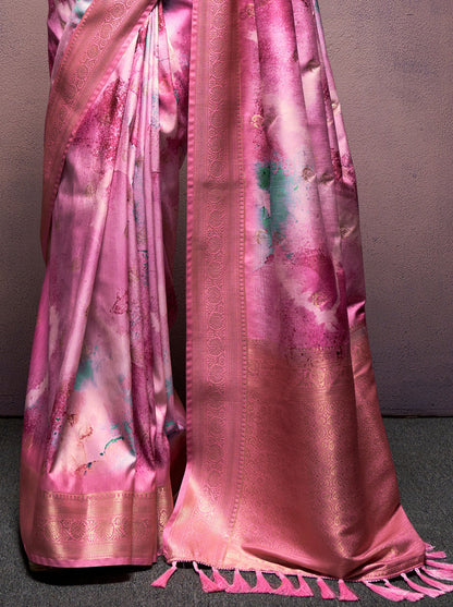 Creamy Pink Pure Banarasi Handloom Digital Printed Silk Saree 