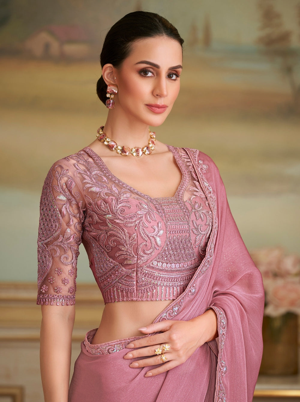 Rose Pink Red Pure Georgette Silk With Floral Sequins Saree ##color## Georgette Saree with premium fabric and embroidery