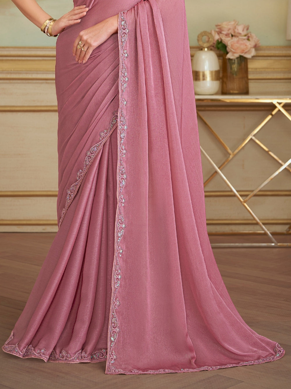 Rose Pink Red Pure Georgette Silk With Floral Sequins Saree ##color## Georgette Saree with premium fabric and embroidery