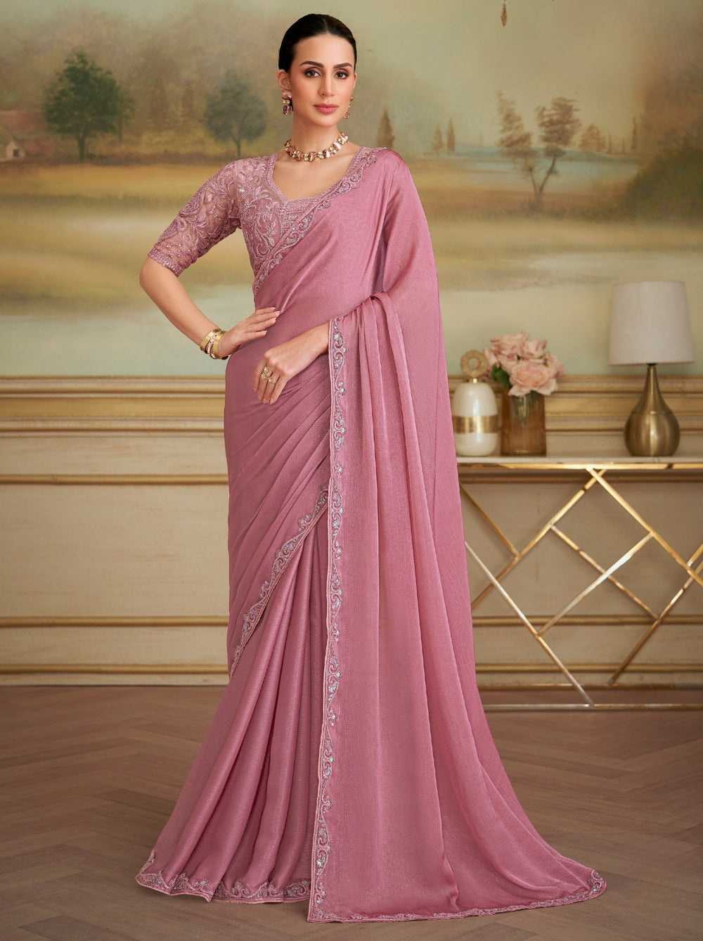 Rose Pink Red Pure Georgette Silk With Floral Sequins Saree ##color## Georgette Saree with premium fabric and embroidery