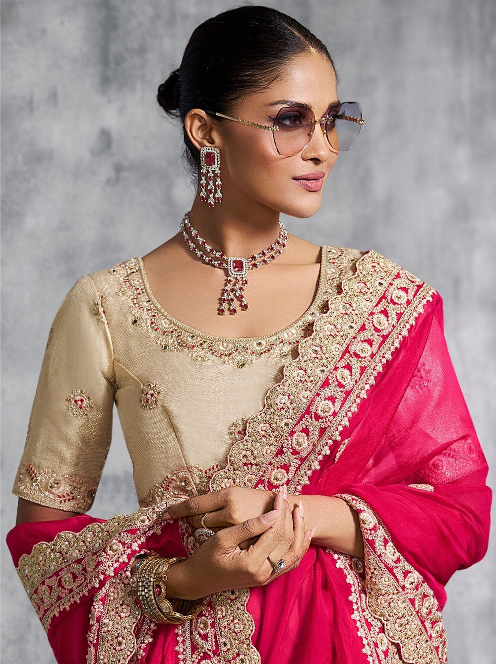 Pink Premium Zari Tissue Silk Bridal Saree 