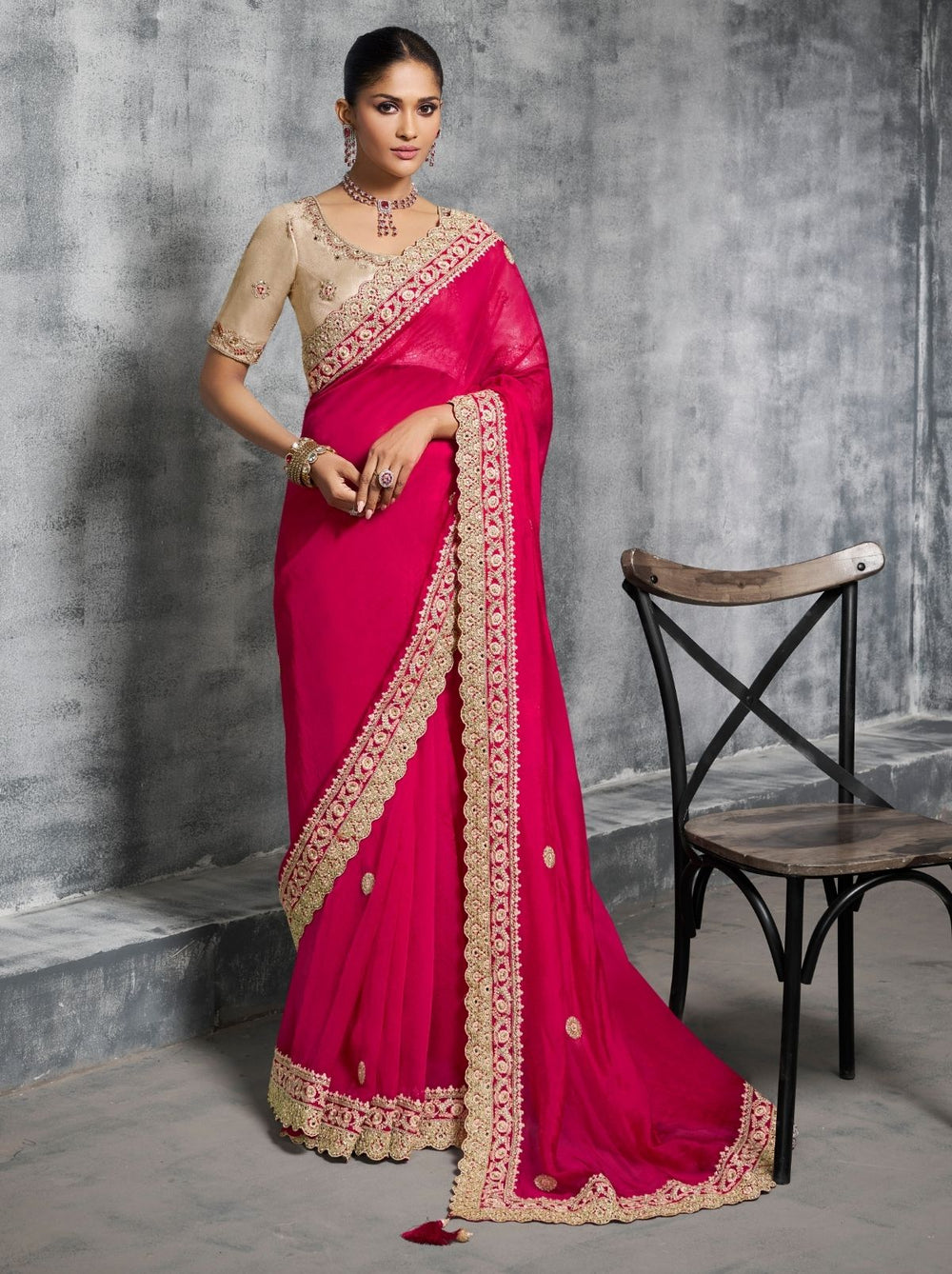 Pink Premium Zari Tissue Silk Bridal Saree 