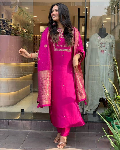 Rani Pink Embroidered Viscose Chanderi Kurti Set
