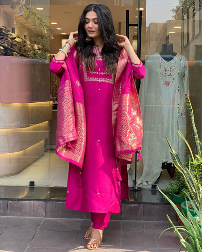 Rani Pink Embroidered Viscose Chanderi Kurti Set