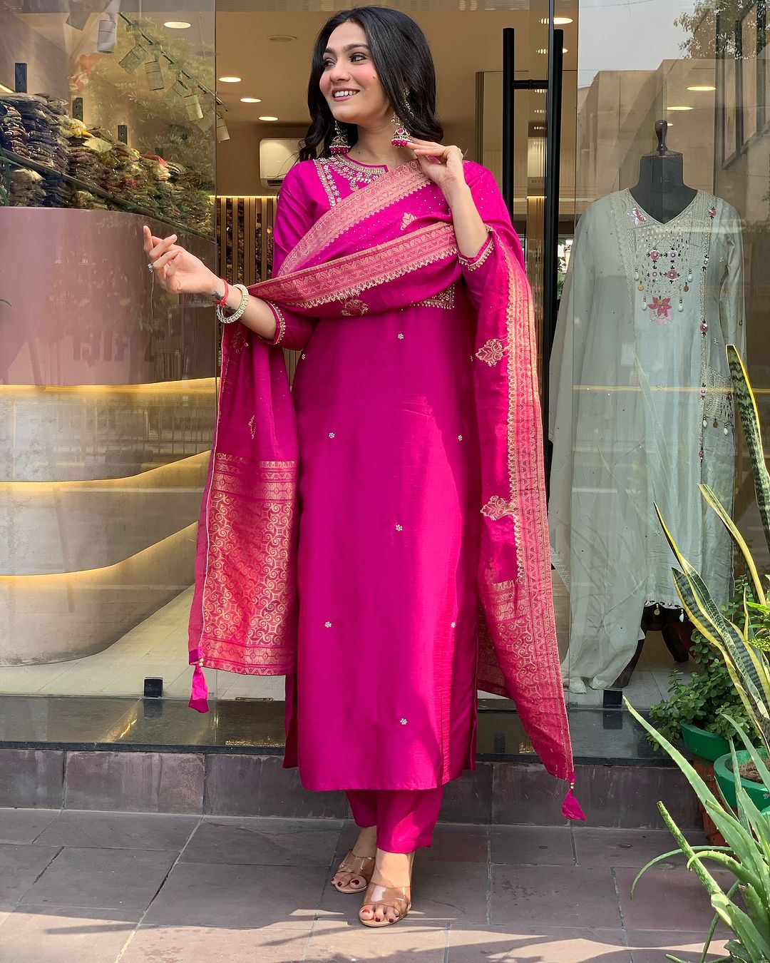 Rani Pink Embroidered Viscose Chanderi Kurti Set