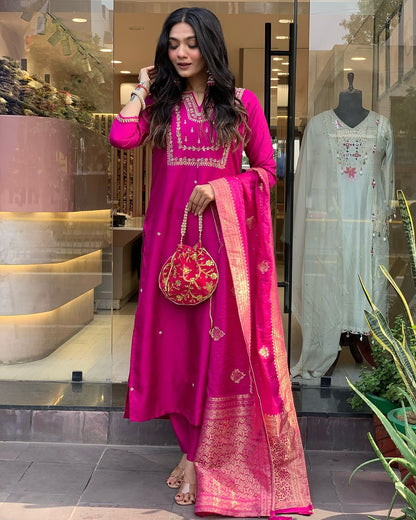 Rani Pink Embroidered Viscose Chanderi Kurti Set