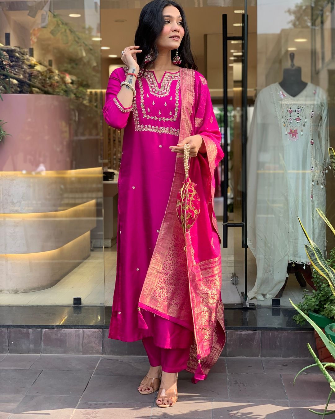 Rani Pink Embroidered Viscose Chanderi Kurti Set