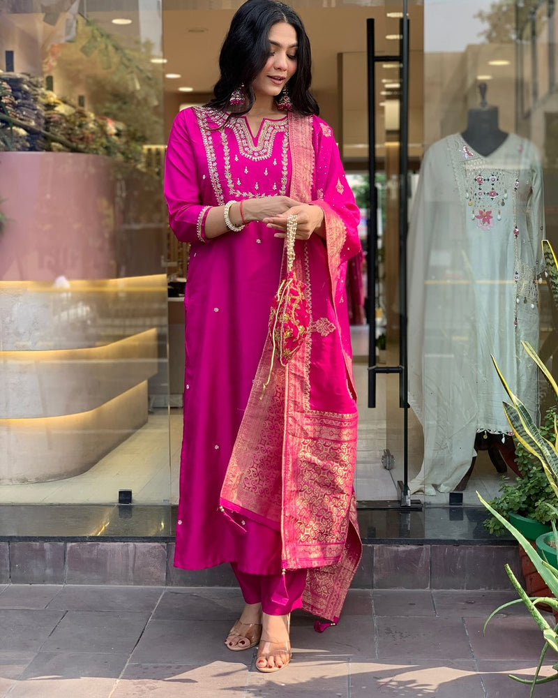 Rani Pink Embroidered Viscose Chanderi Kurti Set