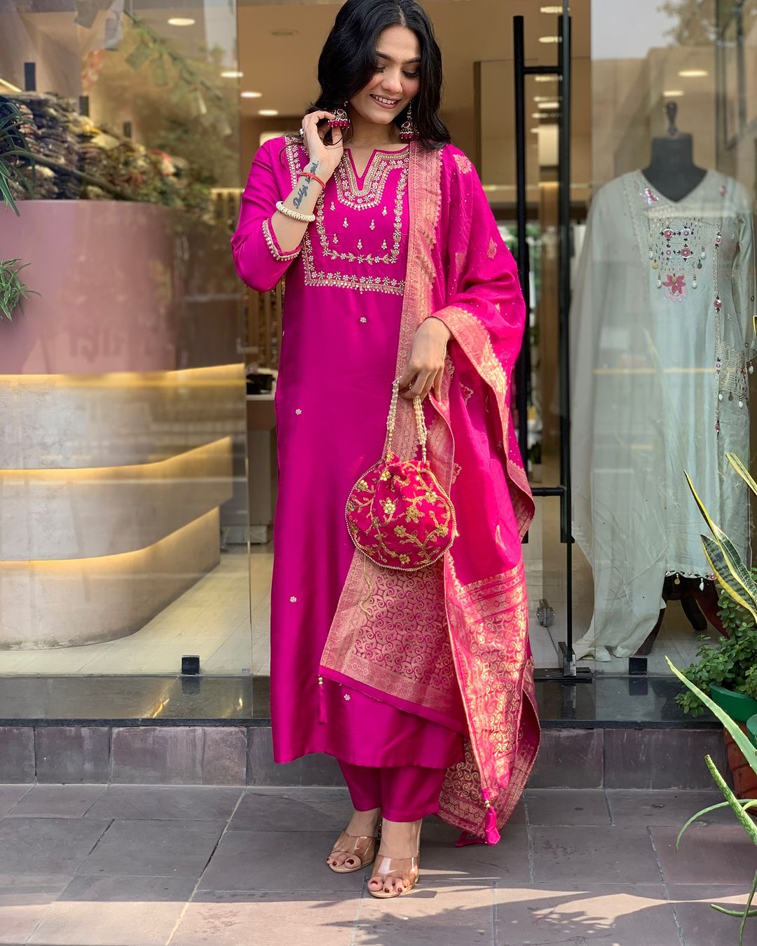 Rani Pink Embroidered Viscose Chanderi Kurti Set