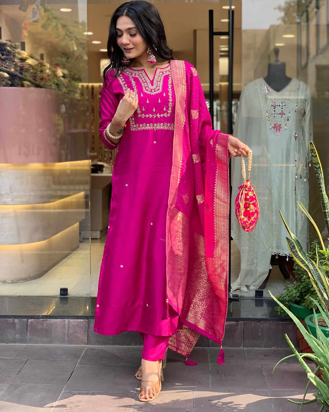 Rani Pink Embroidered Viscose Chanderi Kurti Set