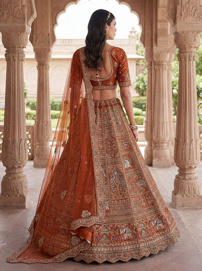Orange Pure Soft Gadwal Silk Heavy Embroidery Work Bridal Lehenga 