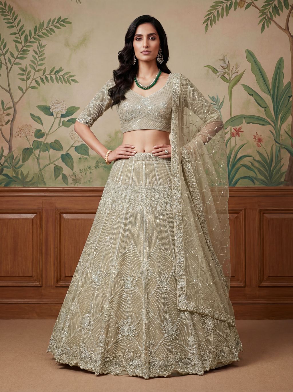 Cream Pure Soft Net Heavy Embroidery Work Bridal Lehenga