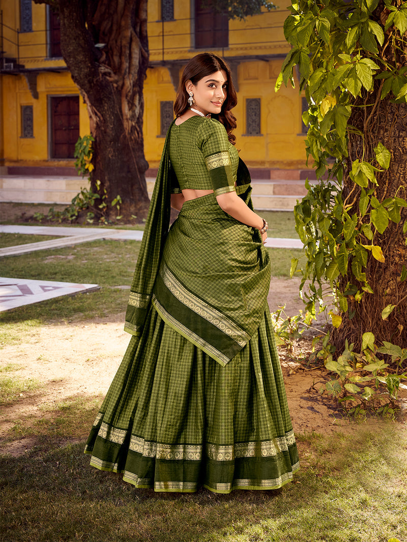 Mehendi Color Chex With Zari weaving Work Chettinad Cotton Lehenga Choli 