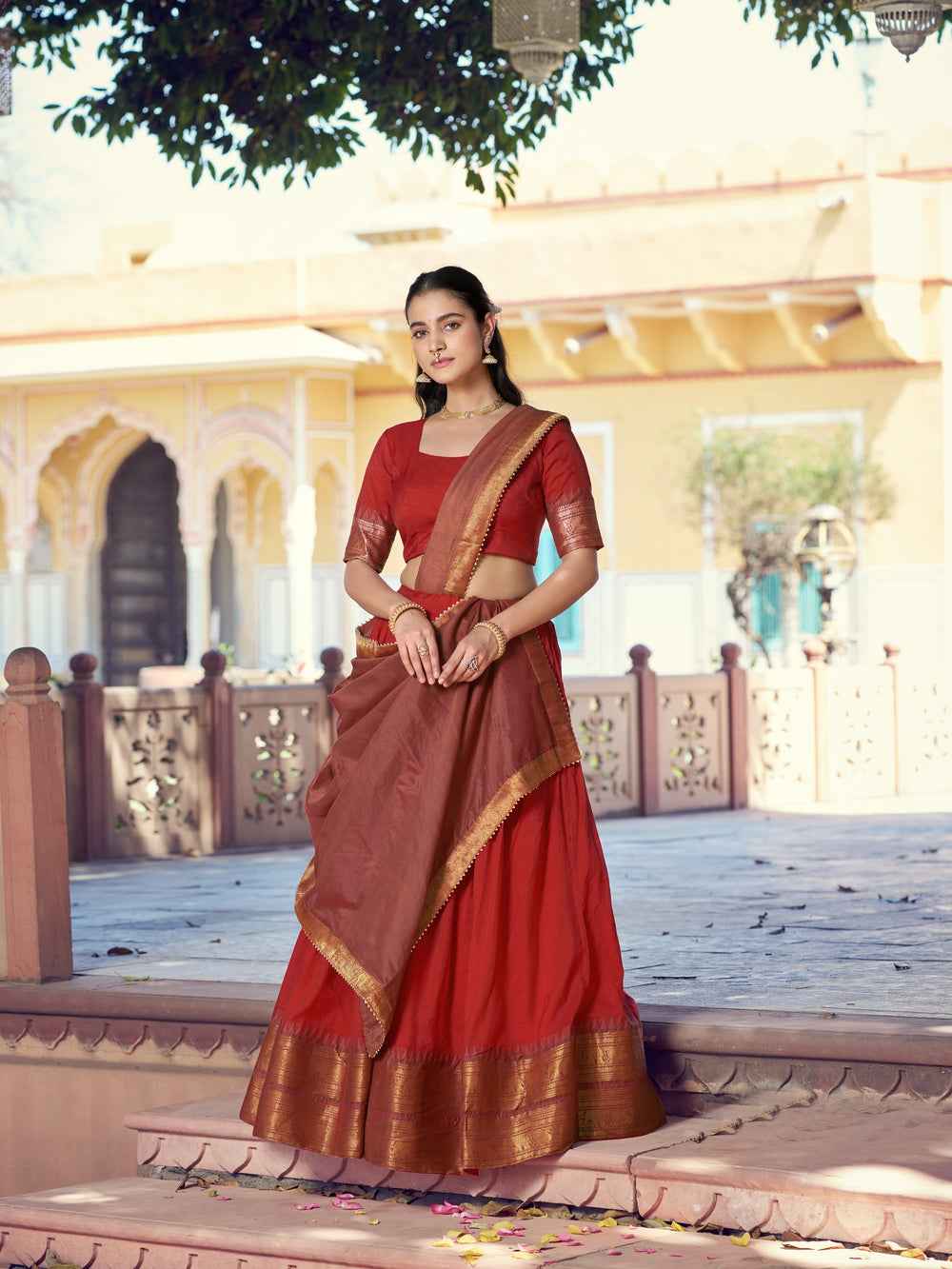 Red Pure Poly Poly Cotton with Zari Woven Half Saree Lehenga