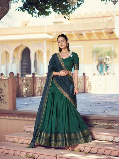 Green Pure Poly Poly Cotton with Zari Woven Half Saree Lehenga