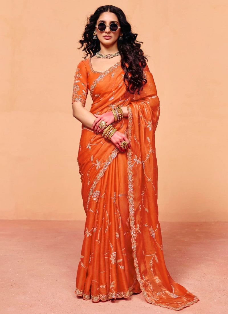 Orange Pure Organza Satin With Sequins Heavy Embroidery Work Organza Saree 