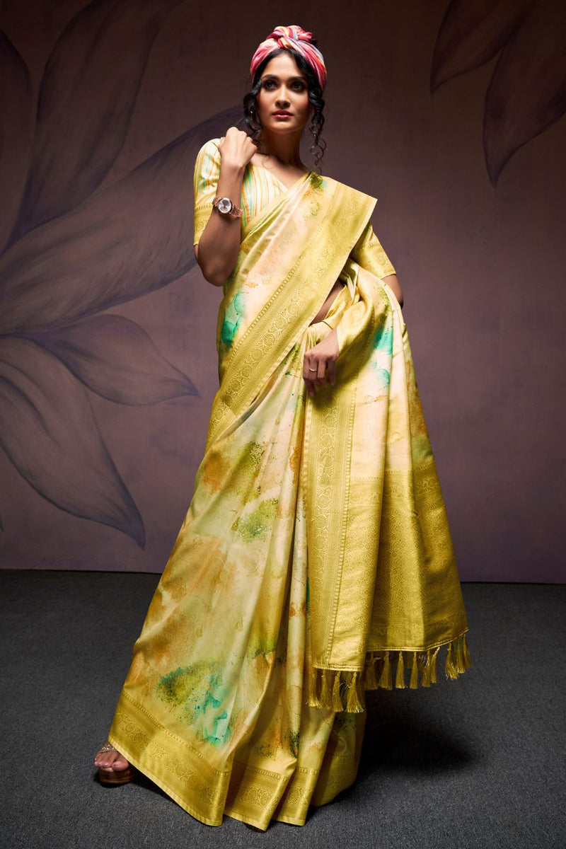 Yellow Pure Banarasi Handloom Digital Printed Silk Saree ##color## Banarasi Saree with premium fabric and embroidery