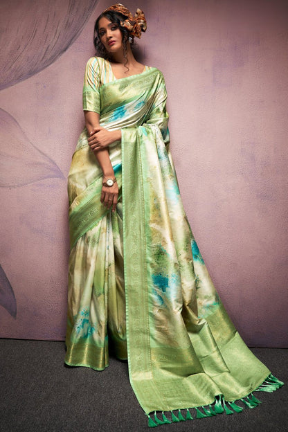Pista Green Pure Banarasi Handloom Digital Printed Silk Saree 