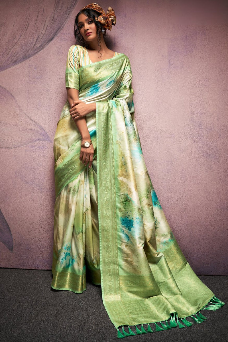 Pista Green Pure Banarasi Handloom Digital Printed Silk Saree