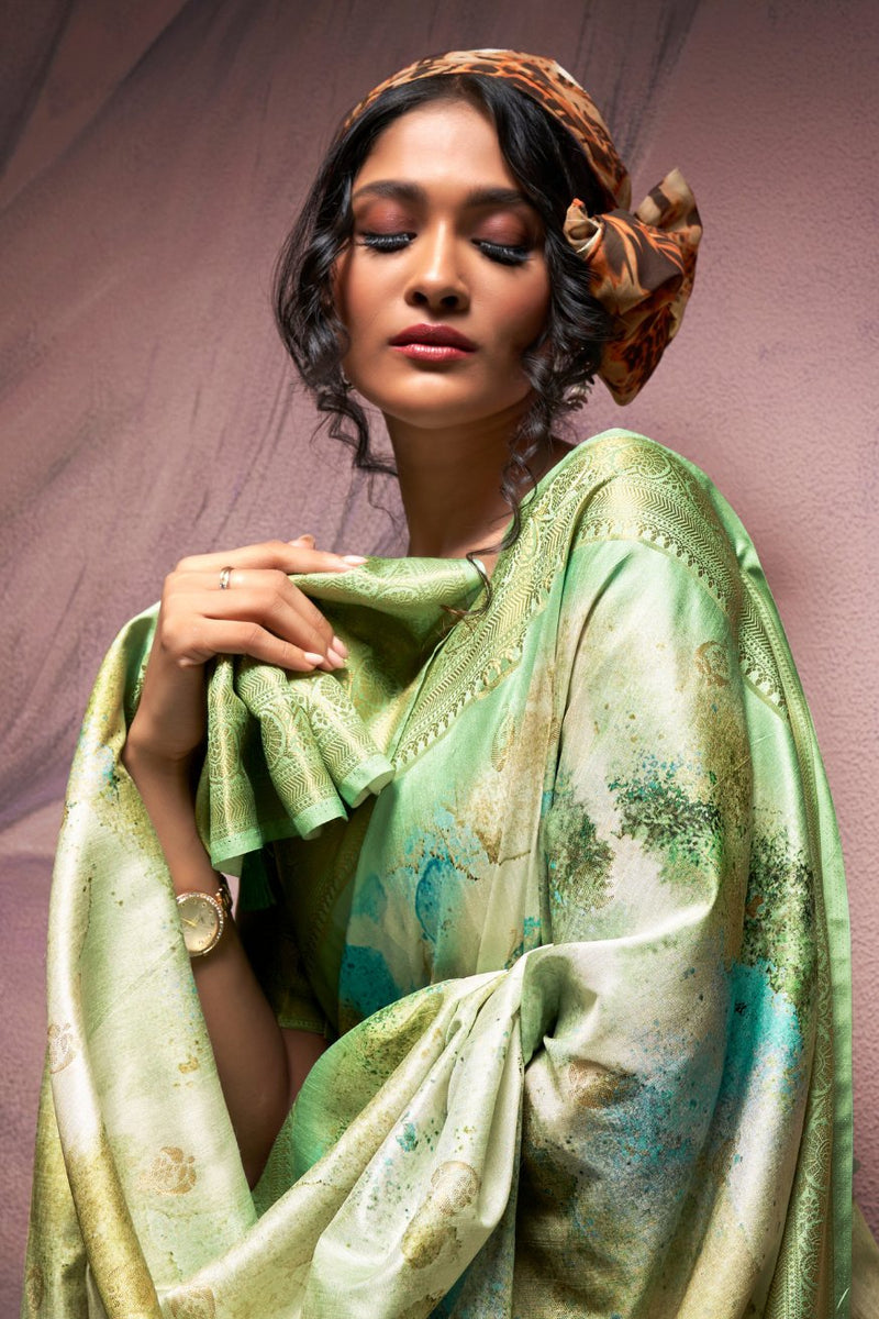 Pista Green Pure Banarasi Handloom Digital Printed Silk Saree 